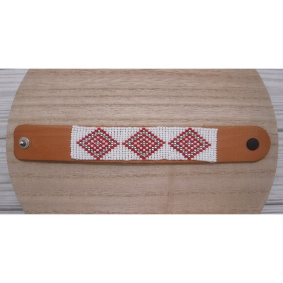 Loom Beaded Bracelet White & Red on Leather - Picture 2 of 4